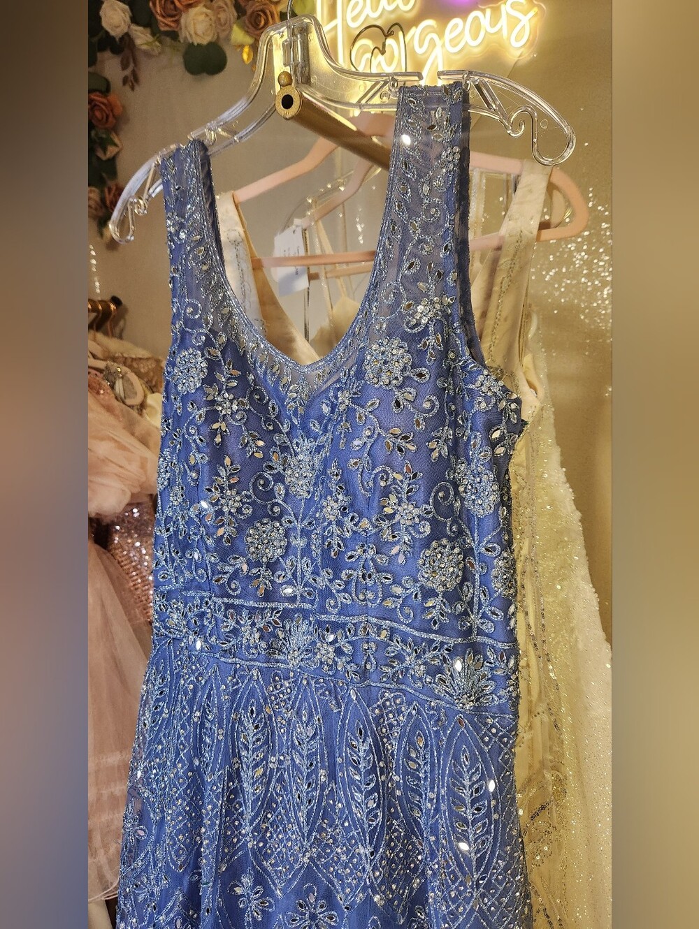 Stunning Luxe Periwinkle Sparkly Mirrored Anarkali Gown & Dupatta Set - Picture 6 of 13
